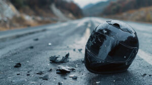 A broken black motorcycle helmet lying on the side of an empty road.